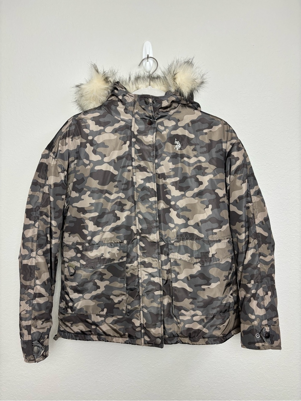 U.S. Polo Assn. Camo Insulated Utility Jacket with Faux Fur Hood Women’s Size S